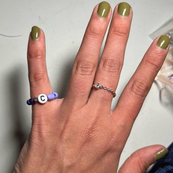 "C" LETTER CRYSTAL BEADED RING, ONE SIZE, DARK PURPLE/LAVENDER - Picture 3 of 4